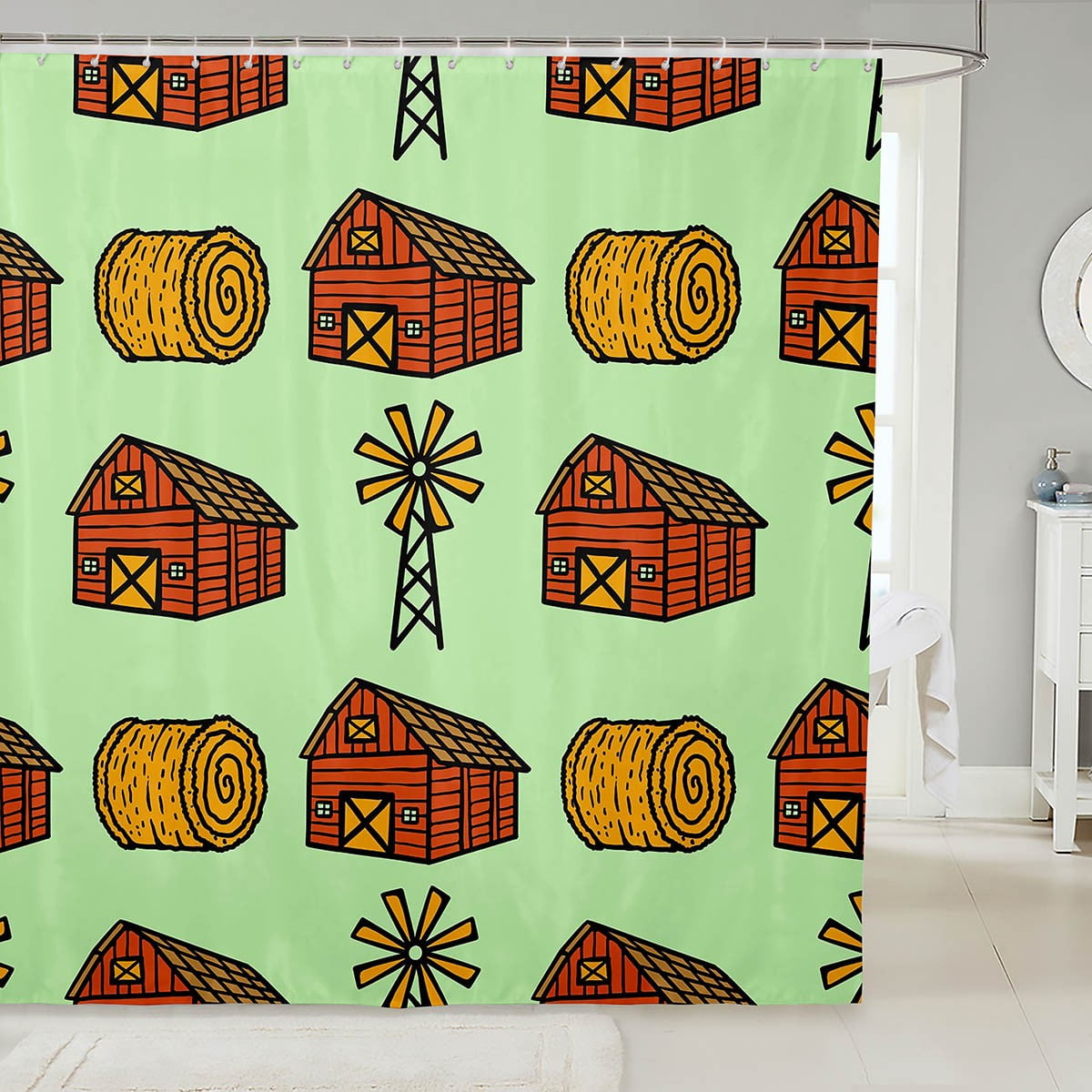 Rustic Windmill Bathroom Shower Curtain Sets 72"Wx72"L,Retro Farmhouse Hay Roll Fabric Shower