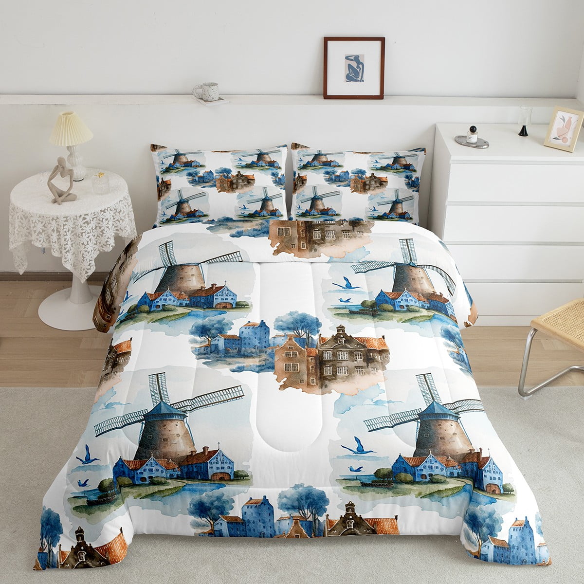 Rustic Windmill Bedding Comforter Sets Twin Size,Blue Watercolor