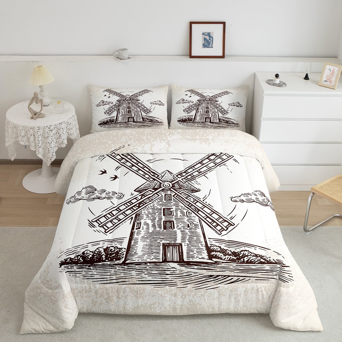 Rustic Windmill Bedding Set Twin Retro Farmhouse Comforter Set, Vintage