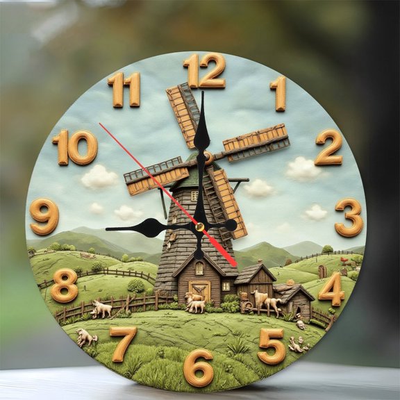 Rustic Windmill Countryside Wall Clock 10-Inch Silent Wooden Wall Clock, Battery Operated (AA Batteries Not Included), Artistic Home Decor