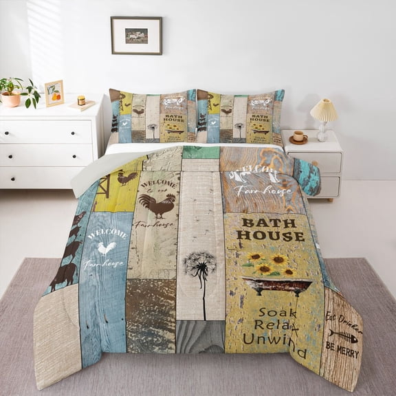 Rustic Windmill Farmhouse Bedding Set For Bedroom, Vintage Country Western Farm Cow Comforter Set King, Country Barn Door Wooden Plank Quilt Sunflower Butterfly Rooster Down Comforter Western Decor