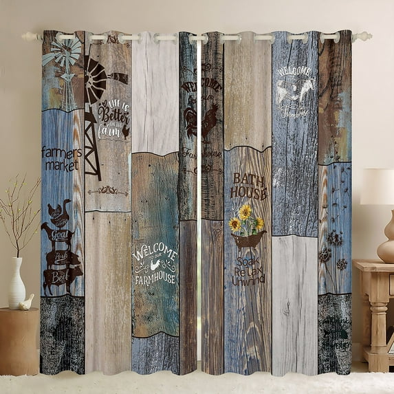 Rustic Windmill Farmhouse 30%-50% Blackout Curtains, Sunflower Chicken Print Curtains 42"Wx84"L, Vintage Country Western Curtains & Drapes Teens Adult Bedroom, Barn Door Wooden Plank Window Curtains