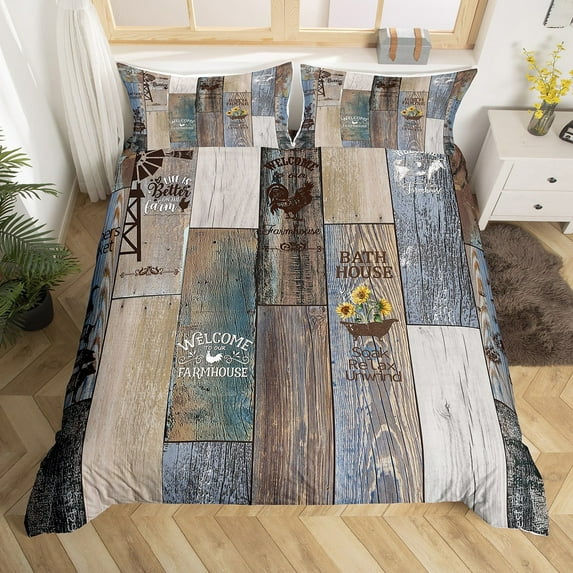 Rustic Windmill Farmhouse Comforter Cover, Sunflower Chicken Print Duvet Cover King, Vintage Country Western Bedding Set Teens Adult, Barn Door Wooden Plank Quilt Cover Retro Bedroom Decor