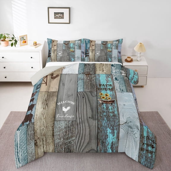 Rustic Windmill Farmhouse Comforter Set 3Pcs, Sunflower Chicken Print Bedding Set Queen Size, Vintage Country Western Duvet Insert Barn Door Wooden Plank Bedding Comforter Sets Retro Bedroom Decor