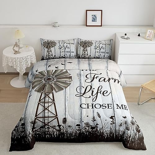 Rustic Windmill Farmhouse Comforter Set Full Size Milk Cow Farm Animal