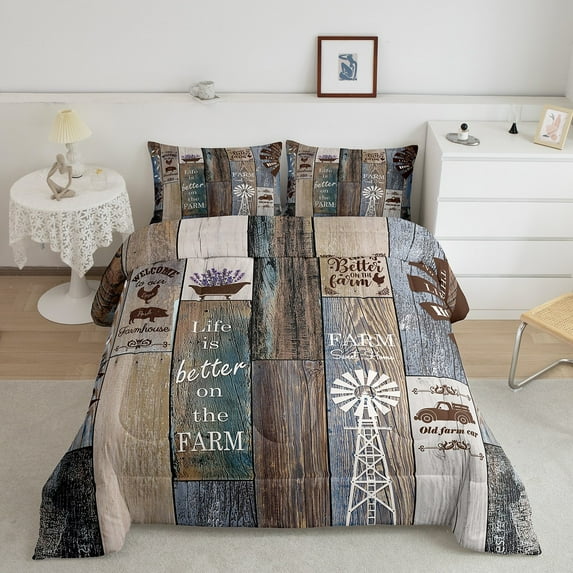 Rustic Windmill Farmhouse Comforter Set, Vintage Country Wooden Bedding Set Full For Teens Adult Women, Farm Animal Barn Door Duvet Insert Retro Truck Cabin Decor Quilt With 2 Pillow Cases, Brown