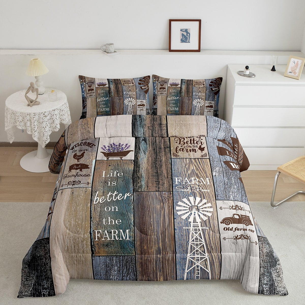Rustic Windmill Farmhouse Comforter Set, Vintage Country Wooden Bedding ...