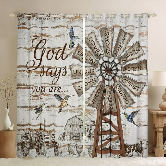 Rustic Windmill Farmhouse Curtains 42Wx84L,Hummingbird Farm Cow Blackout Curtains Rooster Cabin Country Lodge Curtains & Drapes Windmill Decor Vintage Barn Door Wooden Plank Window Curtains 2 Panels