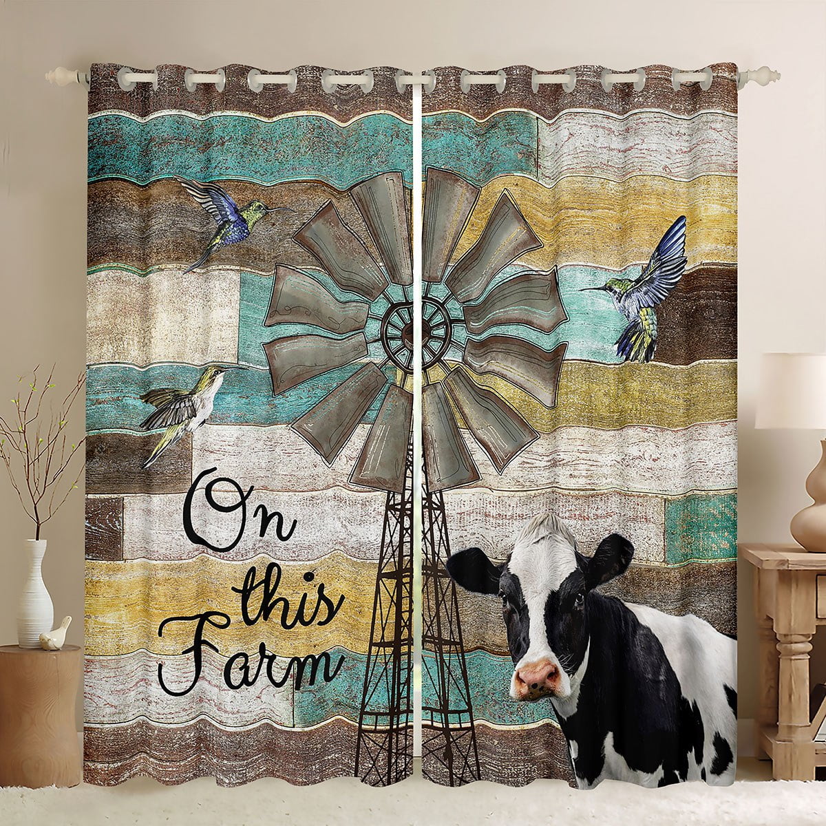 Rustic Windmill Farmhouse Curtains & Drapes 38"Wx45"L, Milk Cow Farm
