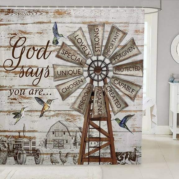 Rustic Windmill Farmhouse Fabric Shower Curtain,Hummingbird Farm Cow Shower Curtain Rooster 72" W X 78" L Cabin Country Lodge Windmill Decor Vintage Barn Door Wooden Plank Bathroom Curtains