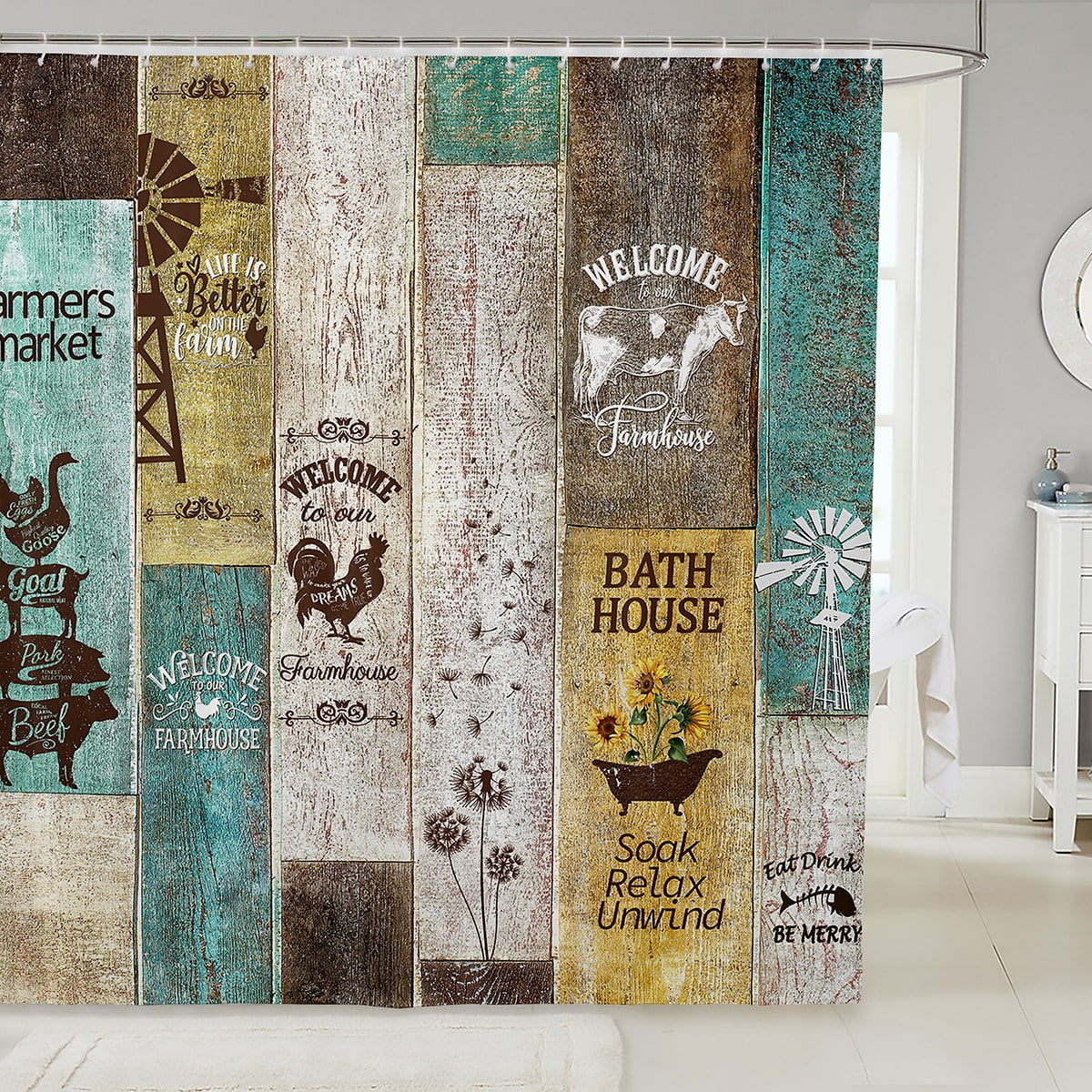 Rustic Windmill Farmhouse Shower Curtain For Bathroom, Vintage Country Western Farm Cow