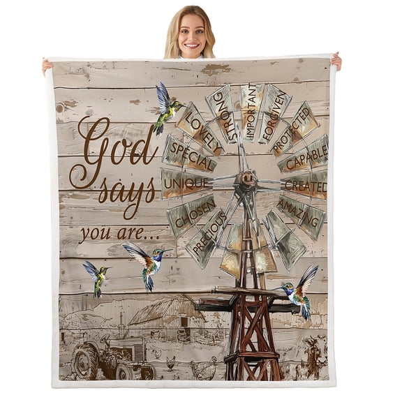 Rustic Windmill Farmhouse Throw Blanket 40"X50",Hummingbird Farm Cow Fleece Blanket Rooster Cabin Country Lodge Sherpa Blanket Vintage Barn Door Wooden Plank Fuzzy Blanket Decorative Sofa Couch