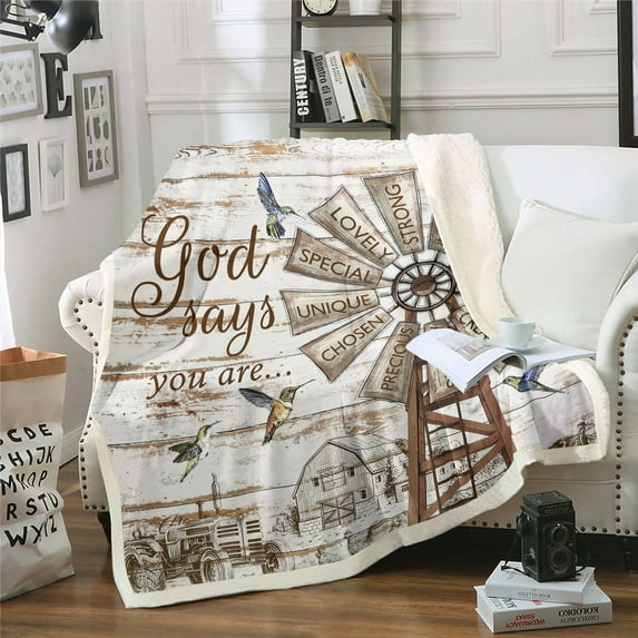 Rustic Windmill Farmhouse Throw Blanket ,Hummingbird Farm Cow Fleece Blanket Rooster Cabin Country Lodge Sherpa Blanket Vintage Barn Door Wooden Plank Fuzzy Blanket Decorative Sofa Couch