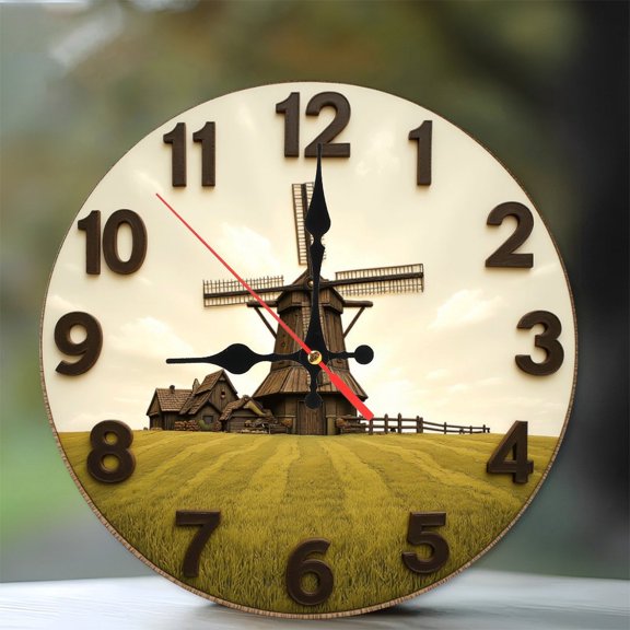 Rustic Windmill Farmhouse Wall Clock Home Decor 10-Inch Silent Wooden Wall Clock, Battery Operated (AA Batteries Not Included), Artistic Home Decor