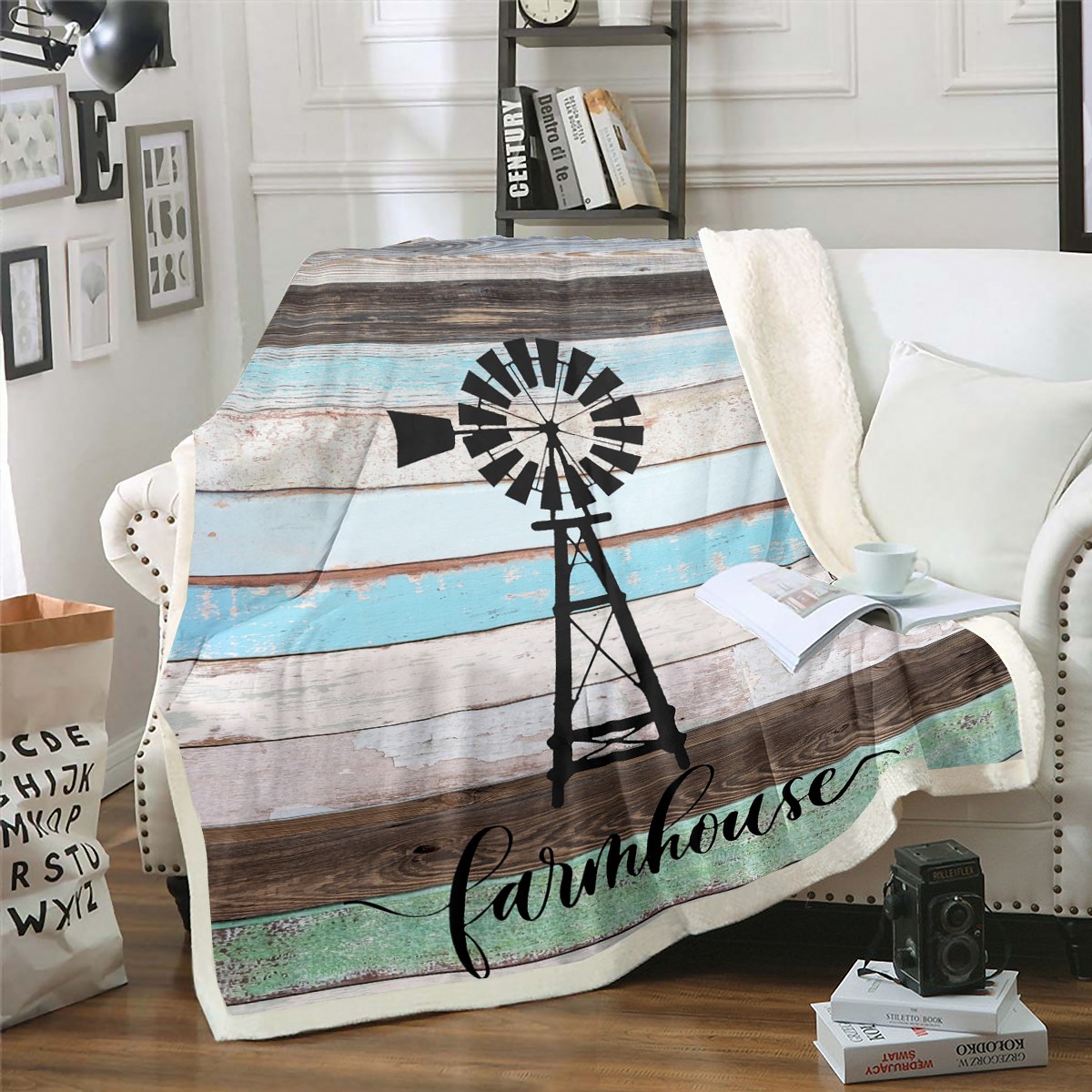 Picture of Rustic Windmill Fleece Blanket, Western Farmhouse Throw Blanket Vintage ...