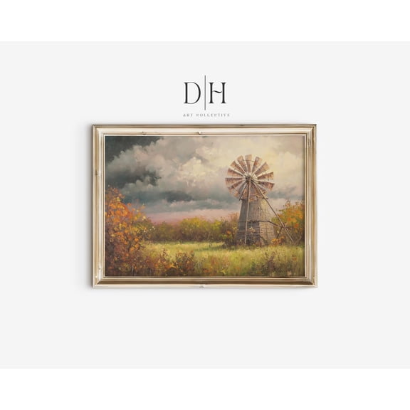 Rustic Windmill Landscape Art: Vintage Farmhouse Decor Unframed Paper Print
