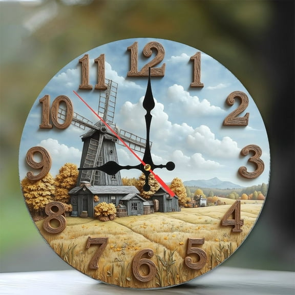 Rustic Windmill Landscape Wall Clock Relief Art 10-Inch Silent Wooden Wall Clock, Battery Operated (AA Batteries Not Included), Artistic Home Decor