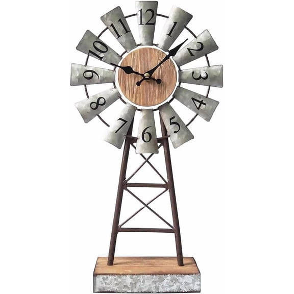 Rustic Windmill Table Clock for Living Room Decor, Vintage Galvanized Metal & Wood Desk Clock with Silent Quartz Movement, Farmhouse Windmill Decor for Living Room, Mantel, Shelf & Office