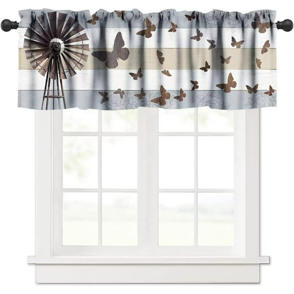 Rustic Windmill Valance, Western Vintage Farmhouse Wood Board Butterfly Print Blackout Short Window Curtain for Kitchen Bedroom Bathroom Cafe, 54x18in