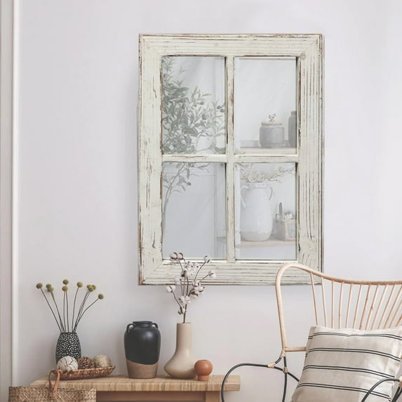 Sintosin Rustic Square Wall Mirror, Distressed White Wood Frame Window Mirrors, Decorative Mirror for Living Room Bedroom, 11" x 16" White