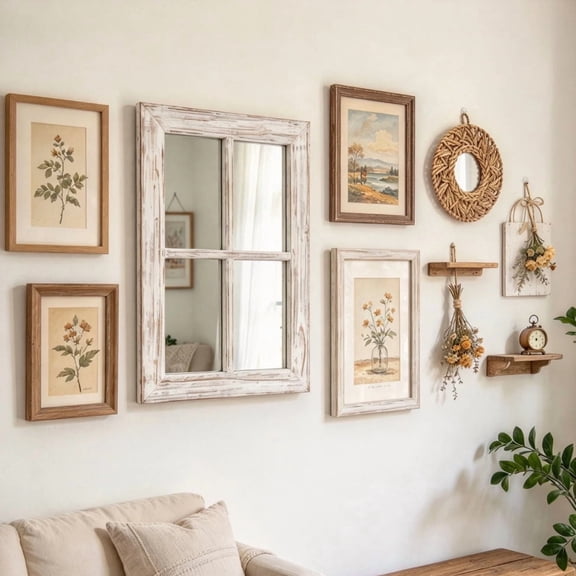 Sintosin Rustic Square Wall Mirror, Distressed White Wood Frame Window Mirrors, Decorative Mirror for Living Room Bedroom, 11" x 16" White