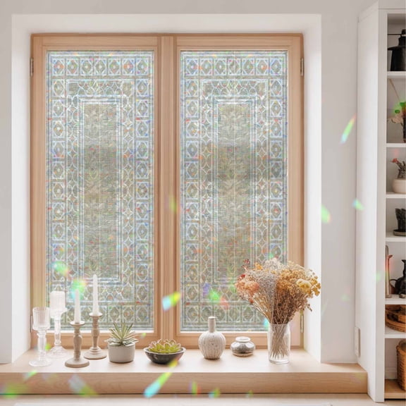 Rustic Window Privacy Film Boho Diamond Pattern Border Southwestern Static Cling Stained Glass Window Film Non-Adhesive Decorative Decals Rainbow Sticker 23.6"X59"