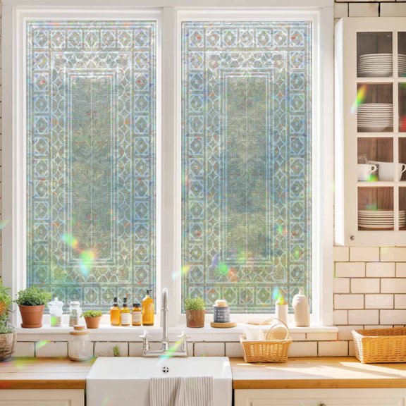 Rustic Window Privacy Film Boho Diamond Pattern Border Southwestern Static Cling Stained Glass Window Film Non-Adhesive Decorative Decals Rainbow Sticker 17.7"X39.3"