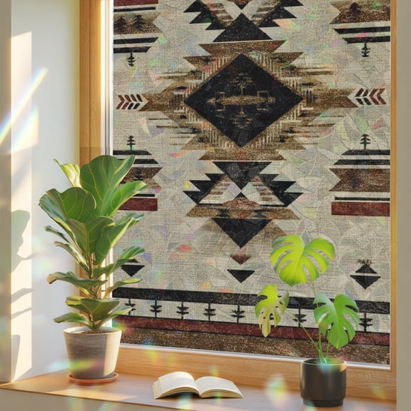 Rustic Window Privacy Film, Native American Aztec Bohemian Southwestern Stained Glass Rainbow Film Decorative Window Clings, Static Cling Sun Blocking Stickers 23.6" x 59"