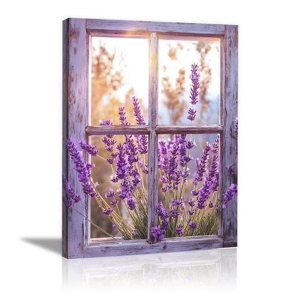 Rustic Window Purple Lavender Canvas Wall Art Framed Farmhouse Floral Print for Kitchen Dining Room Bedroom Entryway Decor. - 12"L x 8"W