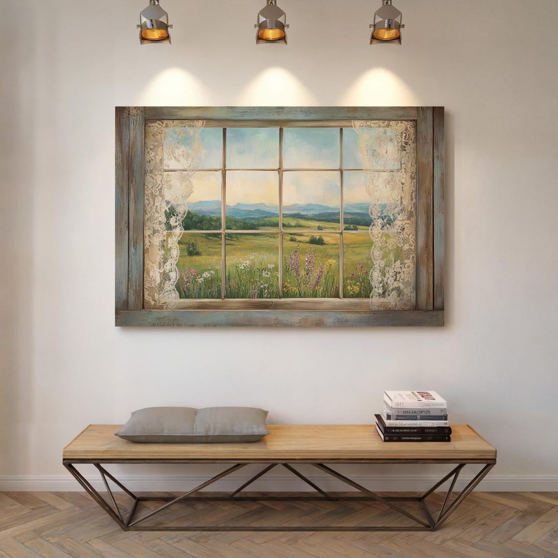 Rustic Window View Art, Country Landscape Print, Vintage Lace Curtains ...