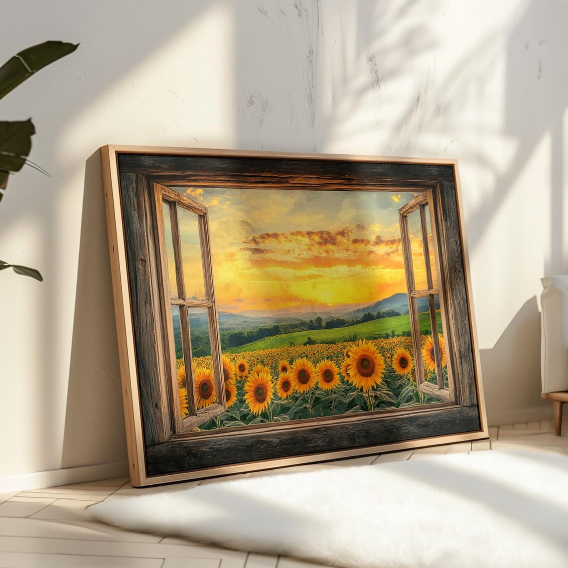 Rustic Window View Sunflower Field - Countryside Landscape - Golden ...