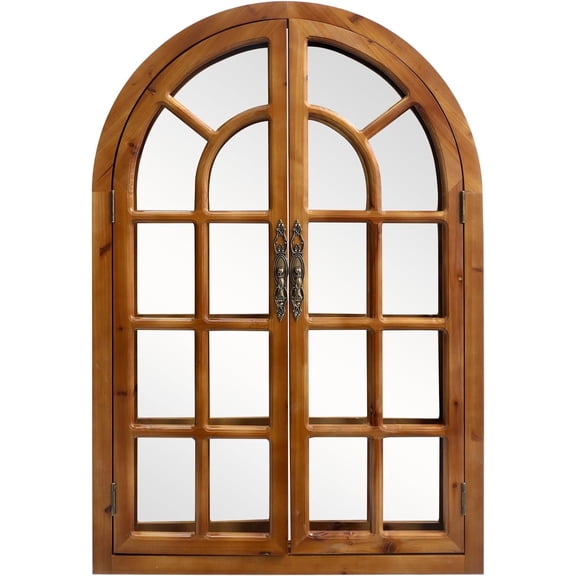 Rustic Windowpane Arch Mirror, 24x36inch Window Pane Wall Mirror for Living Room, Entryway, or Bedroom Decor,Rustic Brown