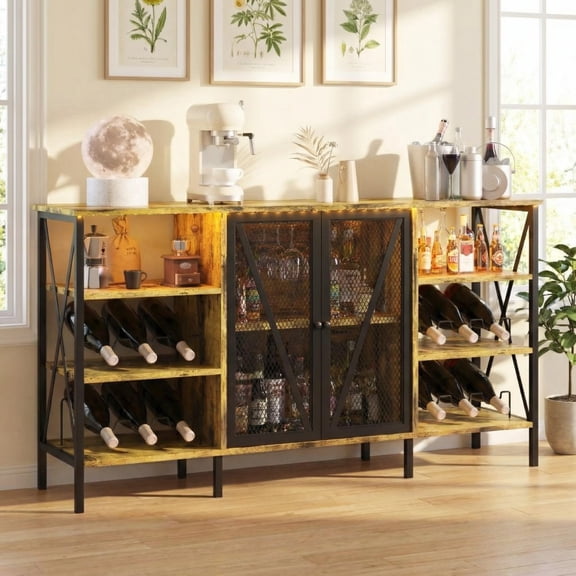 Rustic Wine Bar Cabinet with Wine Rack & Glass Holder, Coffee Bar with Adjustable Led Light, Metal Sideboard & Liquor Table Cabinet with Mesh Door for Home Bar, 55.2", Farmhouse Brown