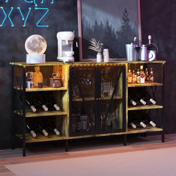 Rustic Wine Bar Storage Cabinet with Bottle Rack & Stemware Holder, LED Lighted Metal Buffet Sideboard, Mesh Door for Living Room, 55.12", Brown