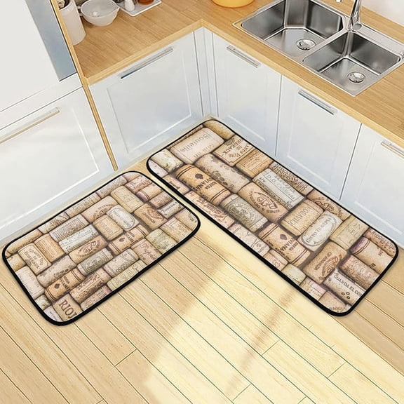 Rustic Wine Corks Kitchen Rugs Set of 2, Retro Style Floor Runner Area Rug Washable Carpet Mat Perfect for Living Room Bedroom Entryway
