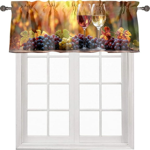 Rustic Wine Valance Curtains for Windows Farmhouse Glasses of Red Wine Grapes on Wooden Rod Pocket Kitchen Curtain Treatment Drapes for Bathroom Bedroom Living Room 54 x 18 Inch, 1 Panel