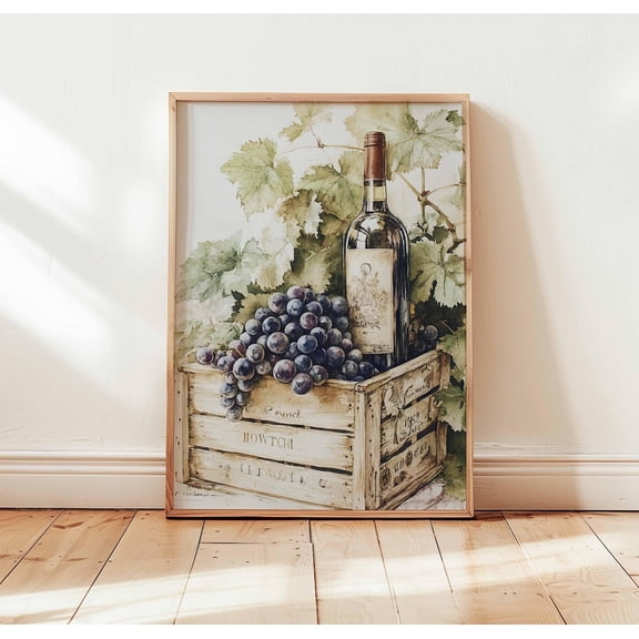 Rustic Wine and Grapes Vineyard Kitchen Tuscan Farmhouse Bottle Art Print, Unframed Paper Poster 8x10in