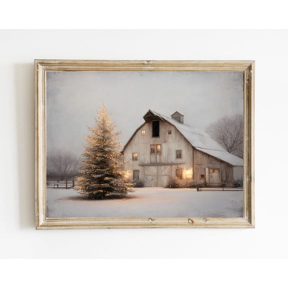 Rustic Winter Barn Farmhouse Print Poster Snowy Landscape Tree with Lights|Wall Decor E1231, Unframed Poster Size 8x12 F03.1.18l30