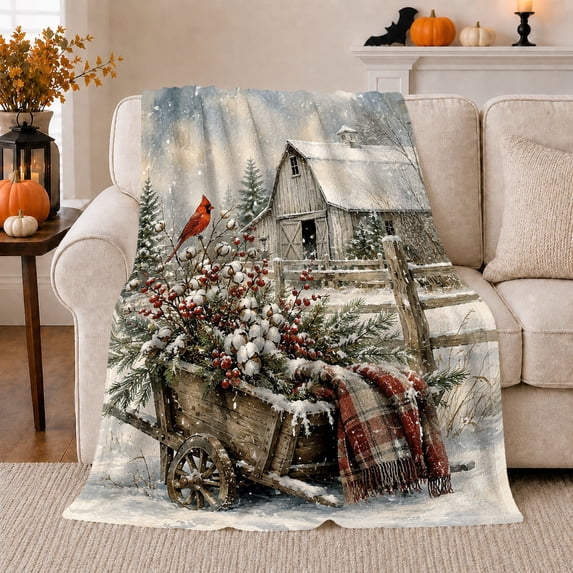 Rustic Winter Barn Landscape Red Cardinal Wagon Christmas, Festive Holiday Scene, Warm Flannel Blanket for Ranch House and Living Room, Horse Lovers Christmas Gift, Rustic Home Decor