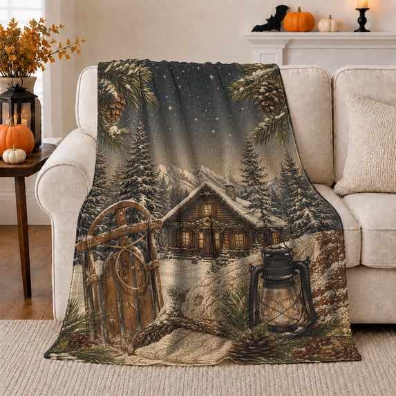 Rustic Winter Cabin Night Scene Snow Covered Pinecones, Peaceful Mountain Lake Scene, Warm Flannel Blanket for Cabin and Lodge, Outdoor Lovers Friendship Gift, Festive Home Decor
