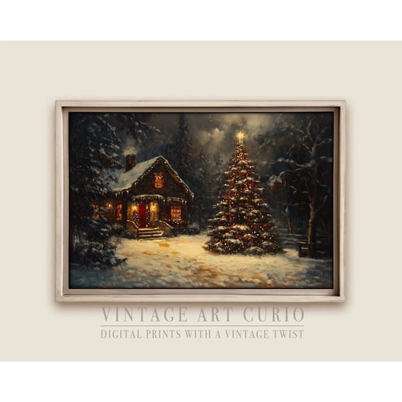 Rustic Winter Cabin Snowy Scene Dusk Vintage Style Eve Decor Three, Unframed Paper Print
