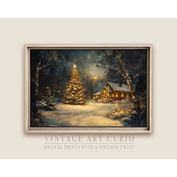 Rustic Winter Cabin, Snowy Winter Scene At Dusk, Vintage Style Winter Eve Decor Home Decor #235, 12x18 UNFRAMED