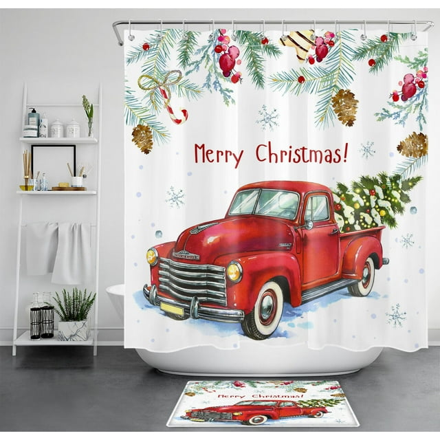 Rustic Winter Charm Vintage Red Truck Shower Curtain with Christmas