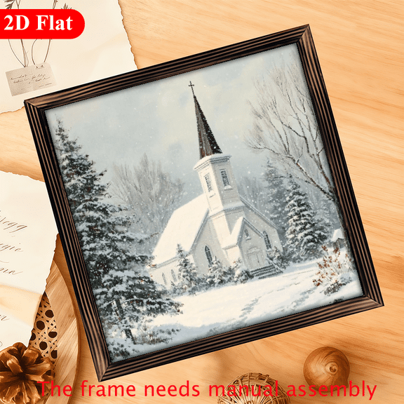Rustic Winter Church Art 1pc Rustic Wooden Framed Winter Church in Snow Wall Art - 12x12 Inch Farmhouse Decor, Christmas Holiday Decoration for Living Room Bedroom, Vintage Cozy Home Art, Tab