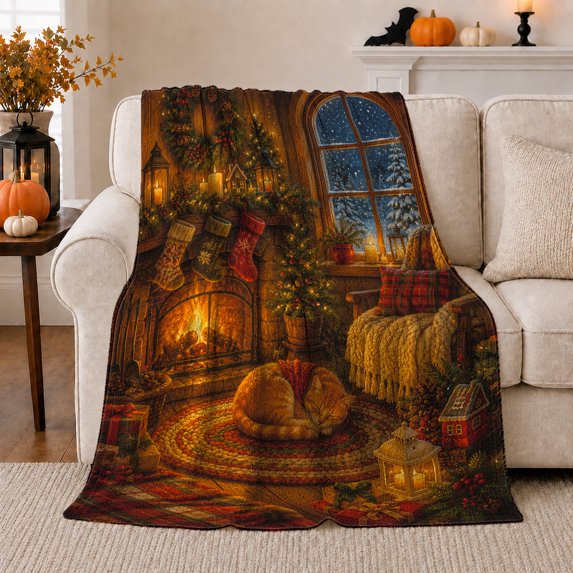 Rustic Winter Hearth Christmas Cat Sleeping By Fireplace, Festive Pet Portrait Pattern, Warm Flannel Blanket for Living Room and Bedroom, Cat Lovers Christmas Gift, Pet Lover Home Decor