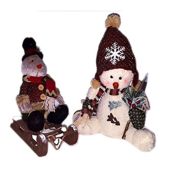 Rustic Winter Holiday Sitting Snowman w/ Shovel & Bird On Sled Plushs 12 - 14