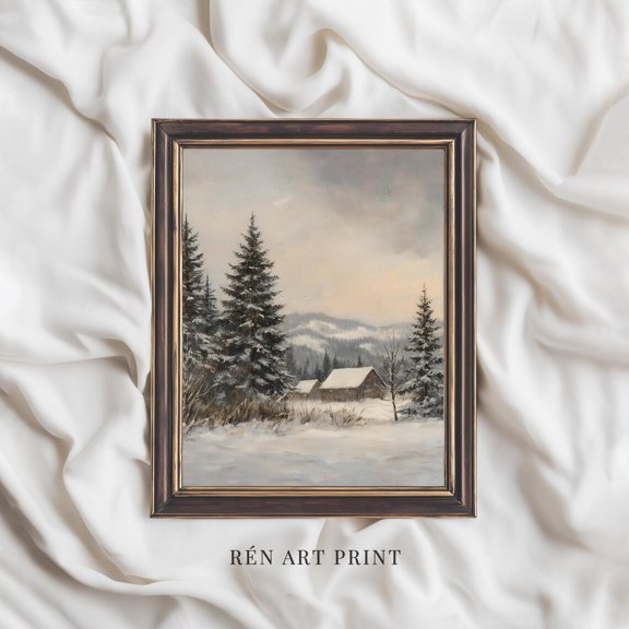 Rustic Winter Landscape Art Poster Snowy Cabin Poster, Unframed Size 8x12