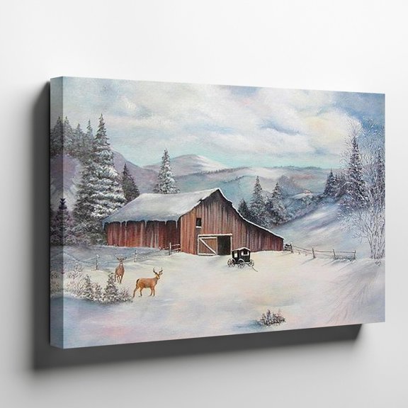 Rustic Winter Landscape Snowy Barn Deer Forest Country Scene Wall Art, Seasonal Living Room And Home Decor
