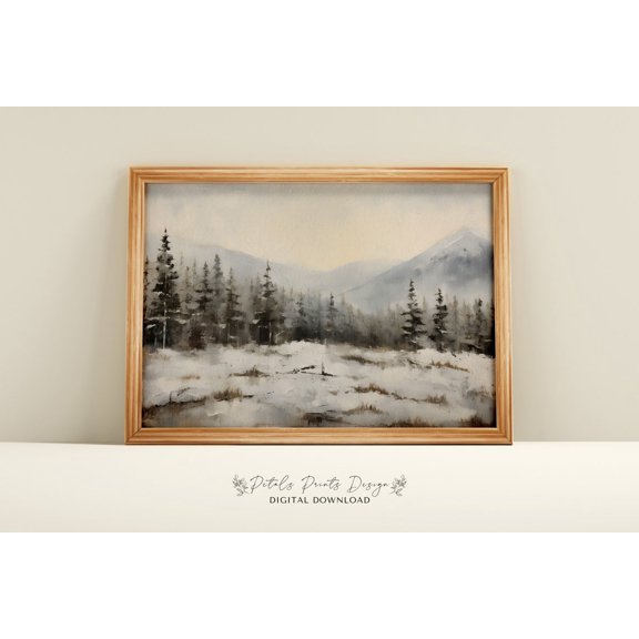 Rustic Winter Landscape, Snowy Countryside Print Home Decor #2123, Stretched Canvas Size 12x18