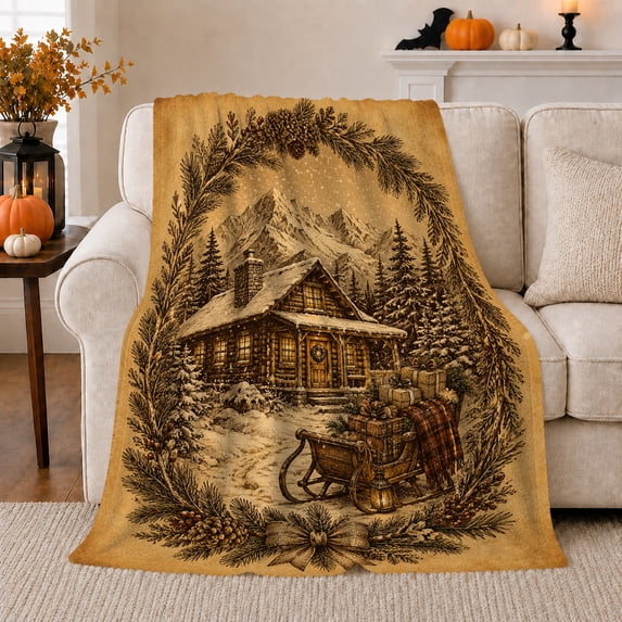 Rustic Winter Log Cabin Christmas, Peaceful Mountain Lake Scene, Warm Flannel Blanket for Cabin and Lodge with Detailed Artwork, Outdoor Lovers Camping Gift, Festive Home Decor